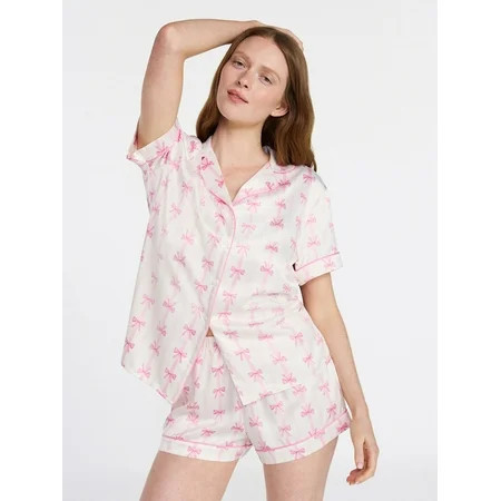 Joyspun Women’s Stretch Satin Short Sleeve Top and Shorts Pajama Set, Sizes XS-3X | Walmart (US)