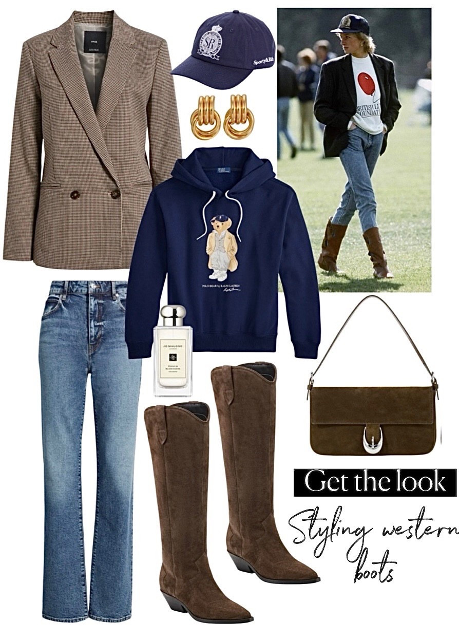 Styling western boots (and channeling Princess Diana)

Cowboy boots 
Pencil jeans 
Polo bear
Ralph Lauren
Suede bag
Suede boots
#ltkitbag


#LTKStyleTip #LTKSeasonal #LTKShoeCrush