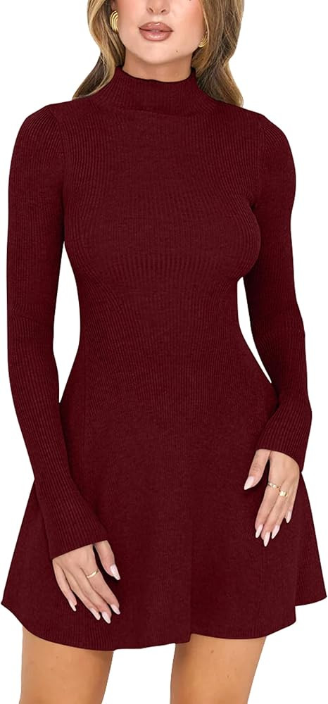 YMDUCH Women's Casual Fall Pullover Sweater Dress Mock Neck Long Sleeve Knit Ribbed Mini Dress | Amazon (US)