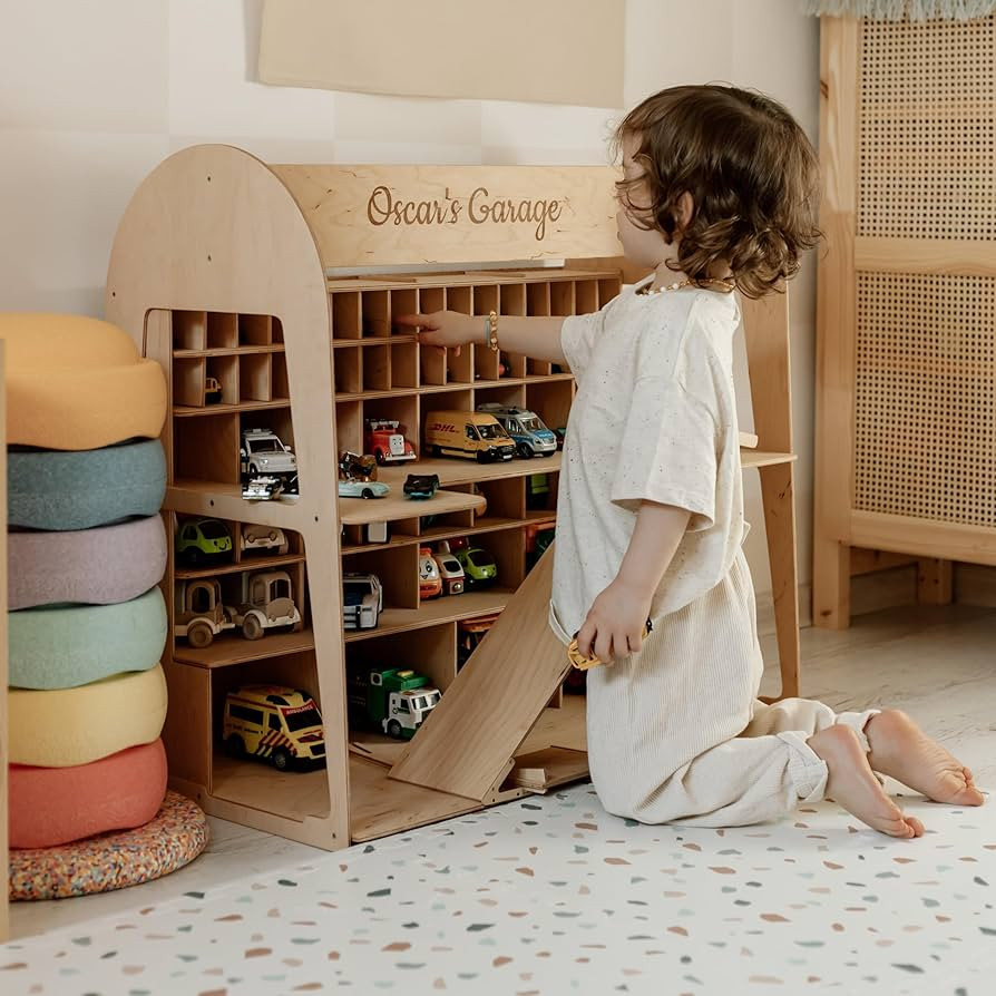 Toy Parking Garage with Elevator Wooden Toy Car Storage Hot Wheels Car Compatible Gift for Toddlers 1-4 Years Old Organizer Case Shelf for Mini Toy Cars (Big, Dark Walnut) | Amazon (US)