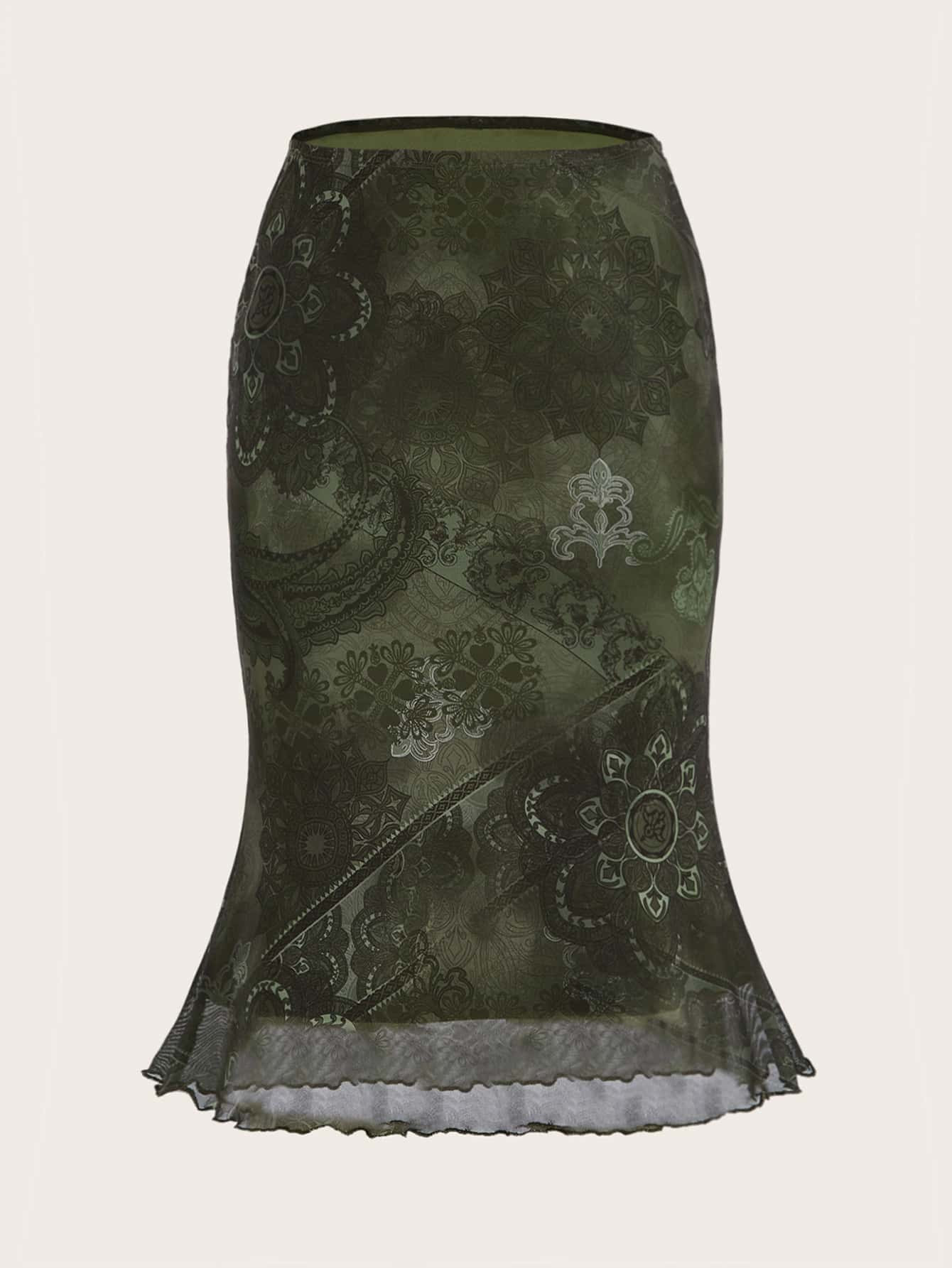 SHEIN ICON Floral Print Lettuce Trim Skirt | SHEIN