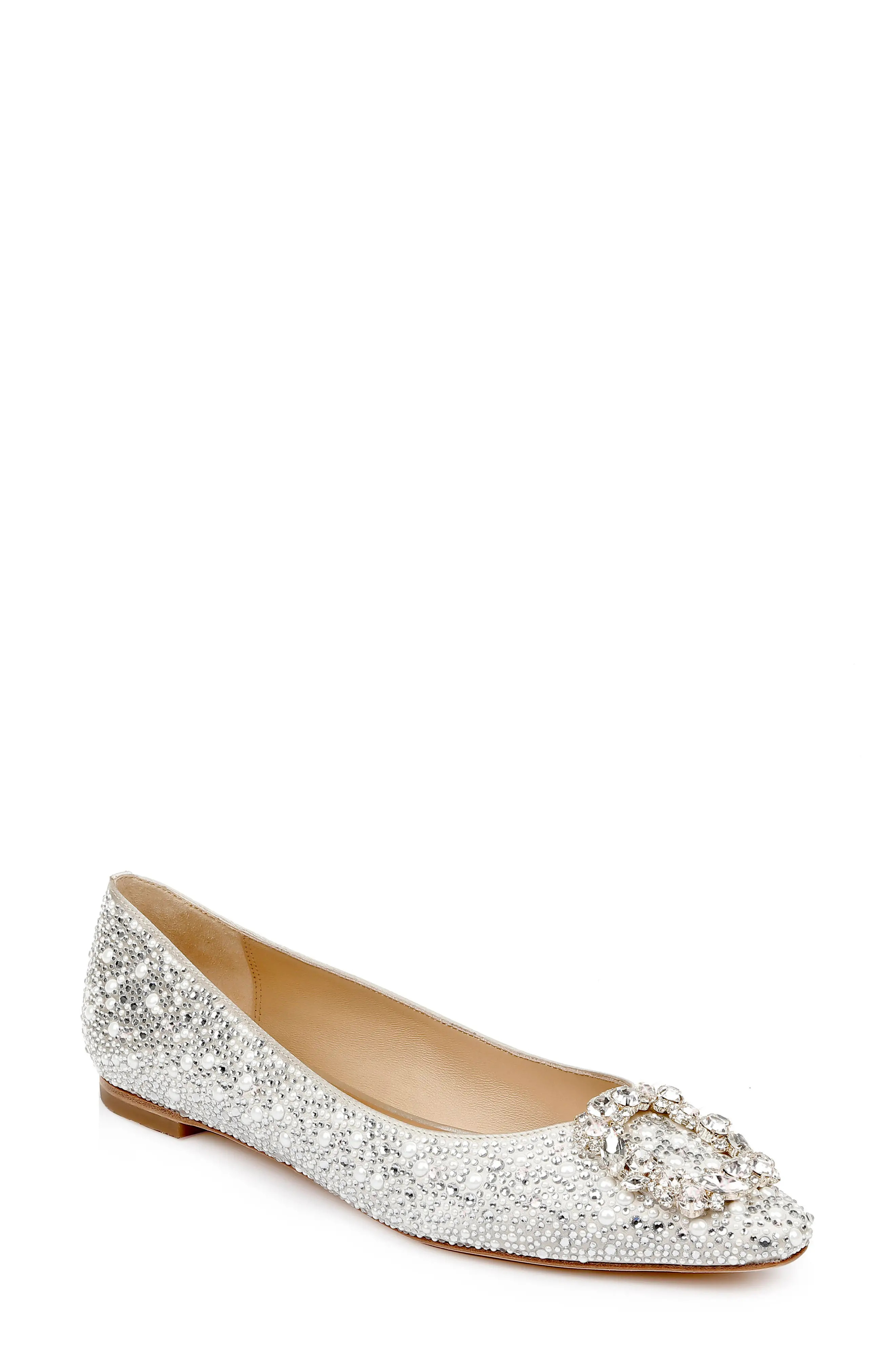 Badgley Mischka Collection Ronda Embellished Flat, Size 8 in Ivory Satin at Nordstrom | Nordstrom