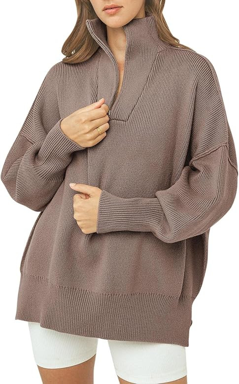 LOGENE Women's 1/4 Zipper Sweatshirt Long Sleeve Oversized Slit Side Knit Pullover Sweaters | Amazon (US)