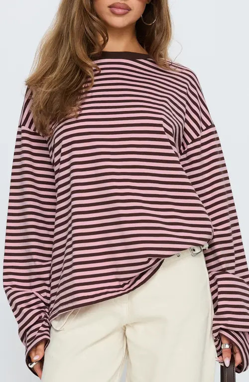Princess Polly Settle Down Stripe Oversize T-Shirt in Pink/brown Stripe at Nordstrom, Size 0 | Nordstrom