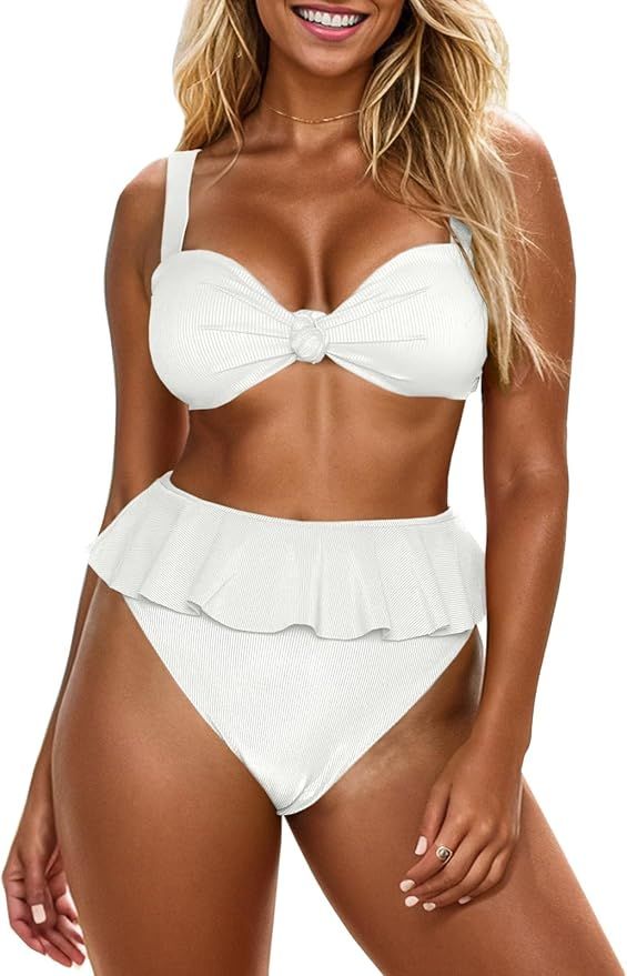 Saodimallsu Womens 2 Piece Vintage Swimsuit Ruffle High Waisted Bikini Sets Twist Knot Ribbed Bat... | Amazon (US)