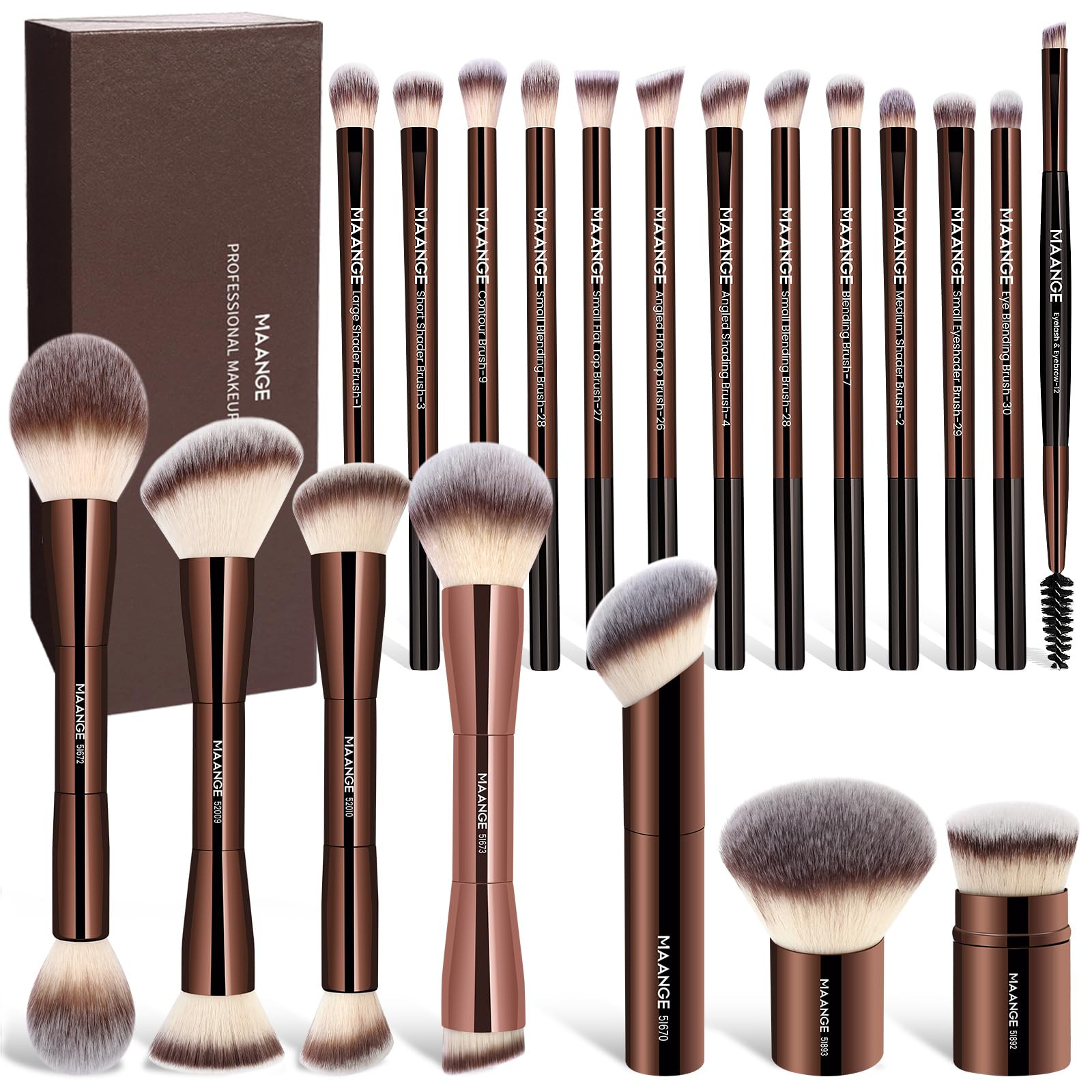MAANGE 20 Pcs Makeup Brushes with Gift Box, Double-End Multi-functional Makeup Brushes for Blending Liquid Powder Concealer Cream Blush Buffe,CoffeeBrown | Amazon (US)