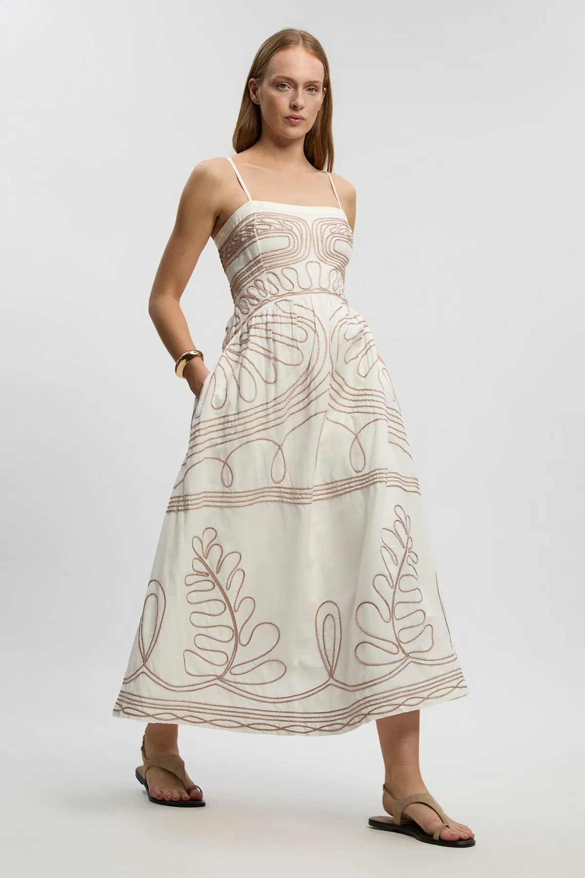 Ivory Karen Millen Petite Cotton Linen Cornelli Embroidered Strappy Woven Midi Dress | Boohoo | Boohoo.com (UK & IE)