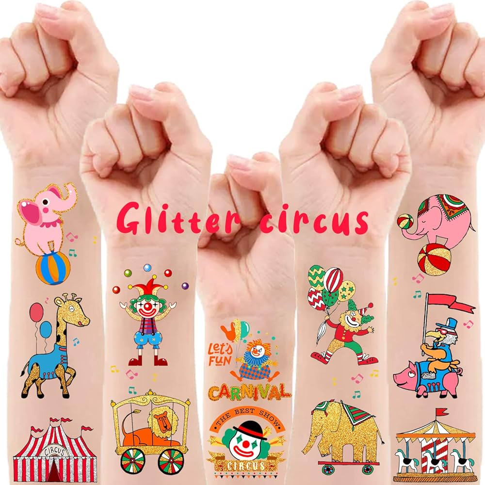 Partywind 32 Styles Circus Metallic Glitter Temporary Tattoos for Kids, Carnival Circus Theme Par... | Amazon (US)