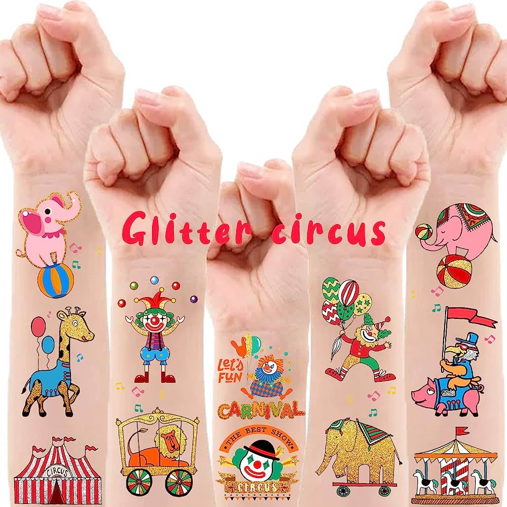 Partywind 32 Styles Circus Metallic Glitter Temporary Tattoos for Kids, Carnival Circus Theme Par... | Amazon (US)