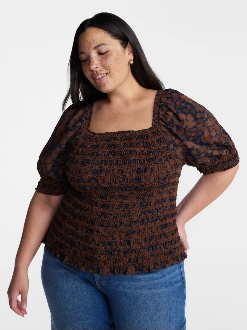 Terra and Sky Women\u2019s Plus Smocked Blouse with Elbow Length Sleeves, Sizes 0X-4X | Walmart (US)