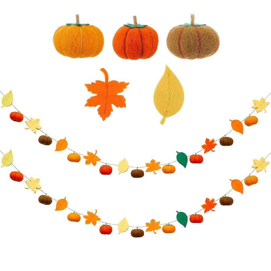 Jecery 2 Pcs Fall Garland Autumn Pumpkin Felt Garland 78 Inches Fall Maple Leaves Pom Pom Felt Ba... | Amazon (US)