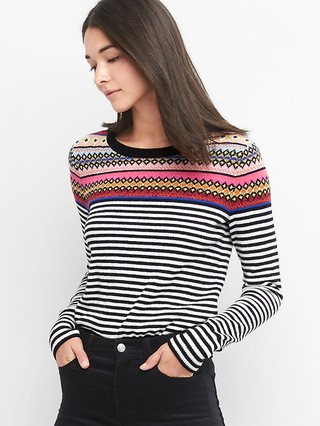 Gap Womens Fair Isle Stripe Crewneck Sweater Crazy Fairisle Size L Tall | Gap US