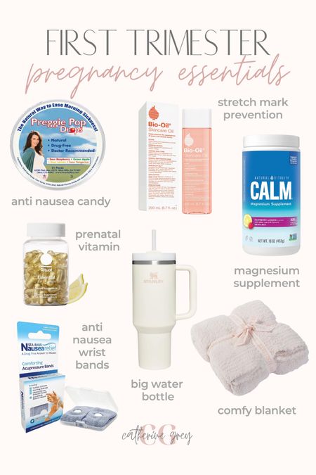 First trimester pregnancy essentials!!
- anti nausea candy
- anti nausea wrist bands 
- prenatal vitamin
- magnesium supplement 
- bio oil for stretch marks 
- comfy blanket to snuggle up in
- big water bottle to help drink lots of water!  

