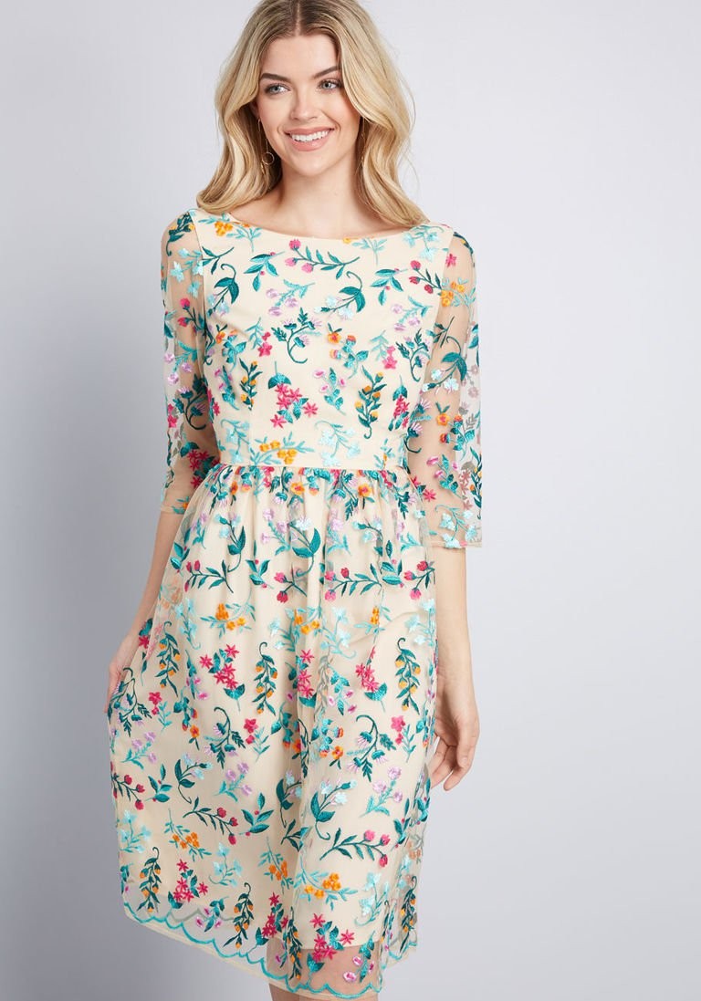 Duly Dreamy Embroidered A-Line Dress in 1X - Knee Length | Modcloth