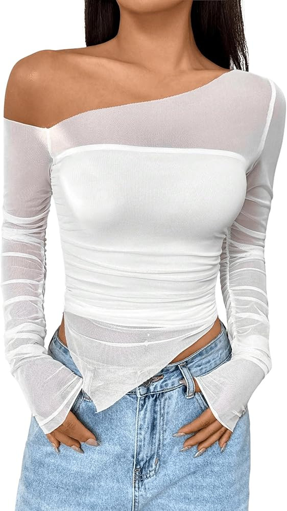MakeMeChic Women's Y2K Long Sleeve Off The Shoulder Mesh Asymmetrical Going Out Tops Tee Shirts | Amazon (US)