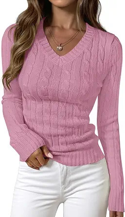 PRETTYGARDEN Womens Cable Knit Fitted V Neck Sweaters Tops | Long Sleeve Ribbed Fitted Pullover T... | Amazon (US)