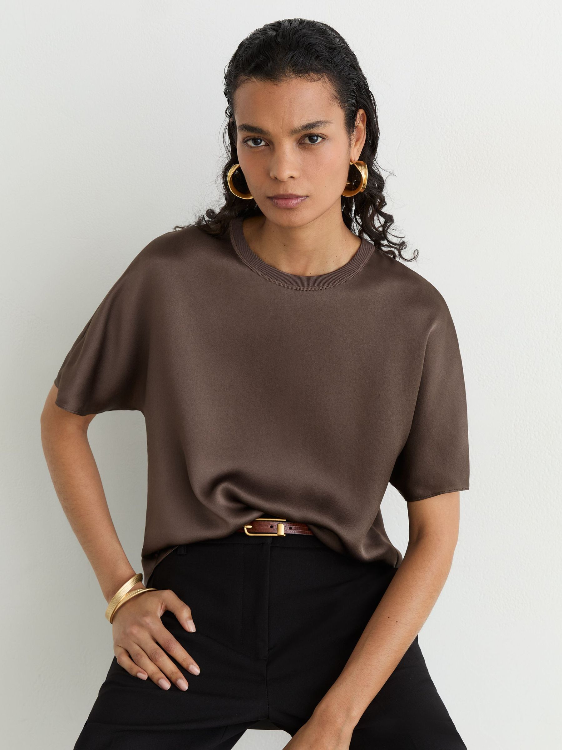 Reiss Silk Short-Sleeve Top in Mauve | REISS | Reiss DE