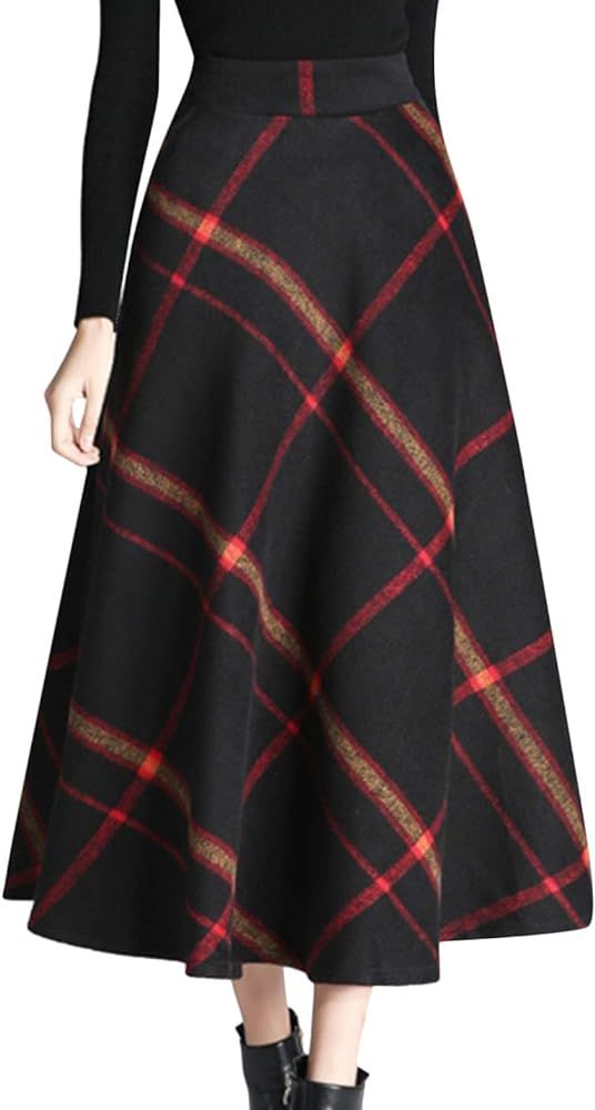 Tanming Women's Winter Warm Elastic Waist Wool Plaid A-Line Pleated Long Skirt | Amazon (US)