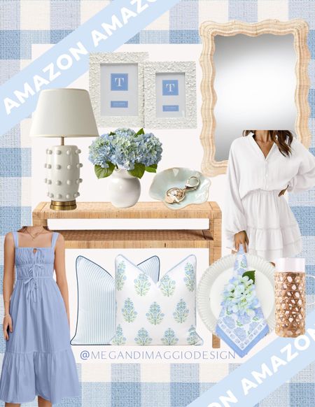 Loving these new blue and white coastal and grandmillenial home finds from Amazon!! 😍 

Like this new rattan scalloped mirror that’s somehow under $175 and rattan console table that’s under $300! And love this pillow combo! Plus how pretty are these dresses! Love these faux hydrangeas and napkin rings too!!

#LTKfindsunder50 #LTKsalealert #LTKhome