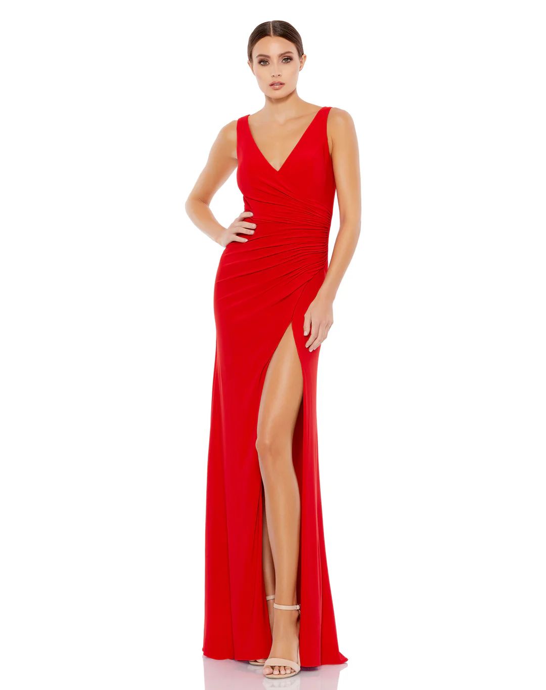 Ruched Stretch Jersey V-Neck Gown | Mac Duggal