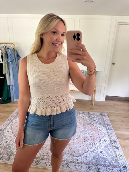 Really cute cropped sweater with a crochet ruffle detail 🤩 I’m wearing a med and a size 12 in the shorts  Summer outfit 

#LTKStyleTip #LTKMidsize #LTKFindsUnder50