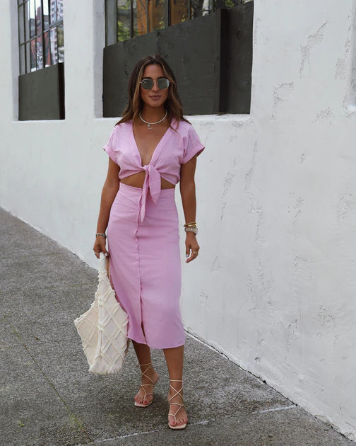 Ella Front Tie Crop Top And Midi Skirt Set - Pink | VICI