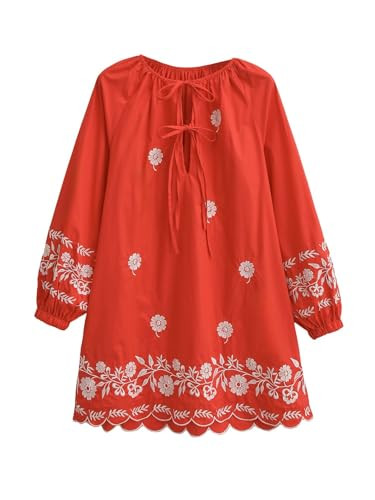 Joiemont Womens Embroidered Long Sleeve Mini Dress Loose Fit Vintage Embroidery Dress with Double... | Amazon (US)