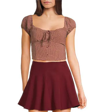 Plaid Square Neck Tie Front Short Sleeve Crop Top | Dillard's