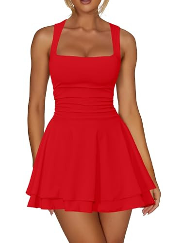 Kaximil Women's Square Neck Ruffle Hem Mini Dress Ruched Waist Short Party Dresses | Amazon (US)
