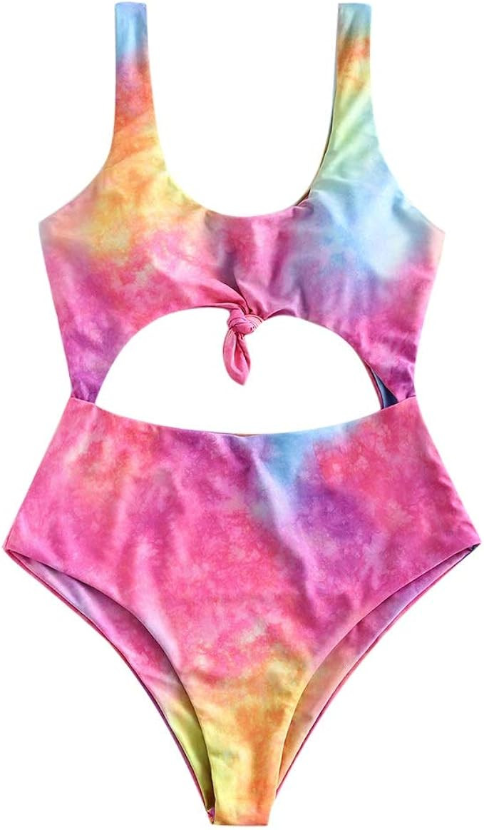 ZAFUL Tie Dye Knot Swimwear Ruched High Waisted Tankini Tank Top Swimsuit Rainbow Bikini | Amazon (US)