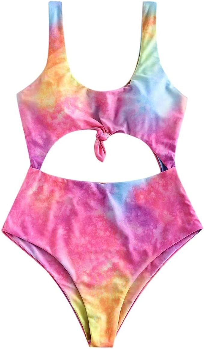 ZAFUL Tie Dye Knot Swimwear Ruched High Waisted Tankini Tank Top Swimsuit Rainbow Bikini | Amazon (US)