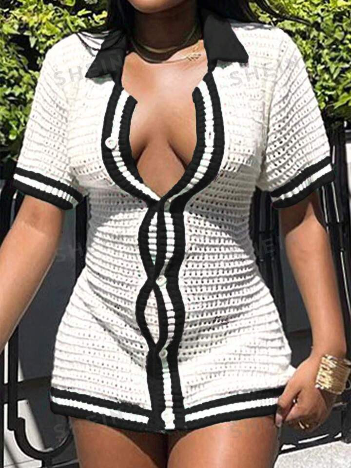 SHEIN Slayr Striped Pattern Button Front Sweater Dress | SHEIN