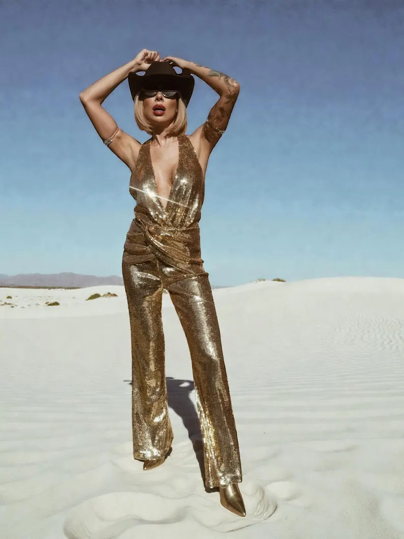 Gold Sequin Disco Jumpsuit: Gold Bell Bottom Festival Jumpsuit, Gold Cowgirl Costume, Disco Queen... | Etsy (US)