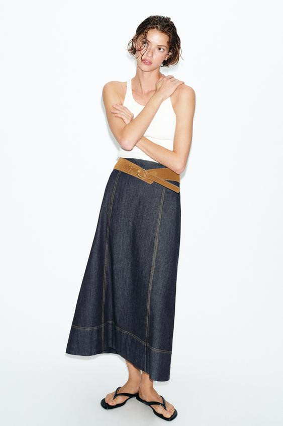Z1975 BELTED DENIM MIDI SKIRT | Zara US