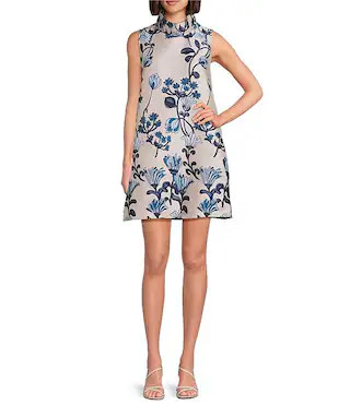 Floral Brocade Mock Neck Sleeveless Shift Coordinating Mini Dress | Dillard's