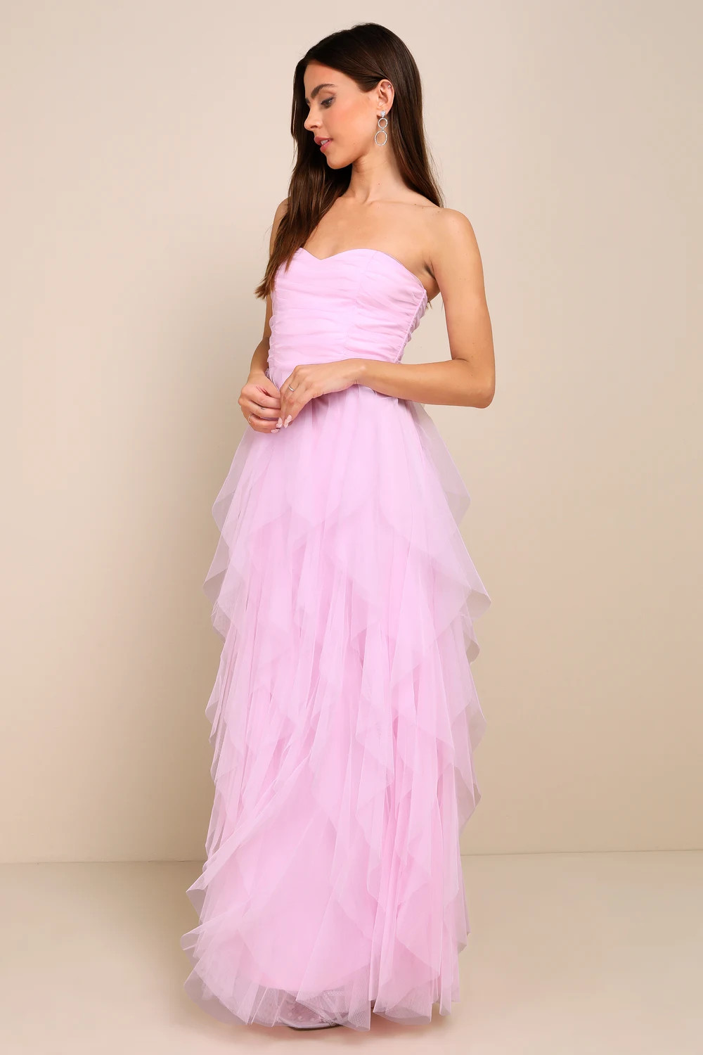 Delightful Beauty Pink Mesh Strapless Ruched Ruffled Maxi Dress | Lulus