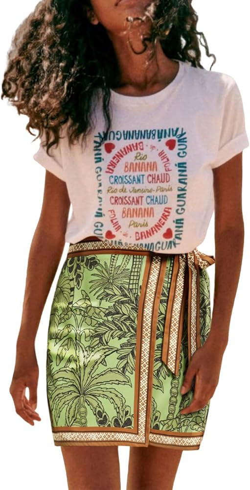 Womens Summer Floral Wrap Short Skirt Tie Side High Waist A Line Beach Vacation Boho Mini Skirt | Amazon (US)