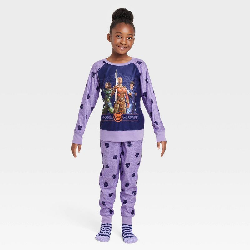 Girls' Marvel Black Panther Dora Milaje Pajama Set with Cozy Socks - Purple | Target