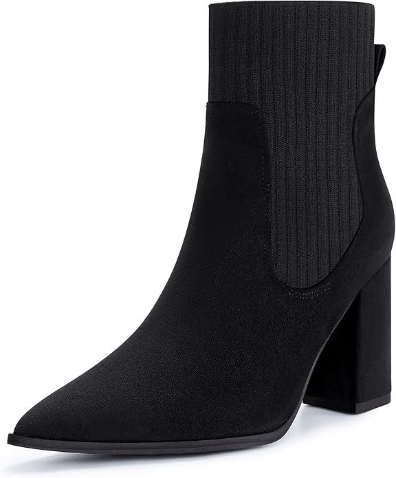 Athlefit Women's Pointed Toe Ankle Boots Elastic Chunky High Heel Slip On Sock Booties | Amazon (US)