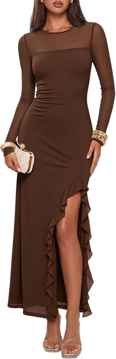 MEROKEETY Womens Fall Wedding Guest Cocktail Long Sleeve Bodycon Maxi Dress | Amazon (US)
