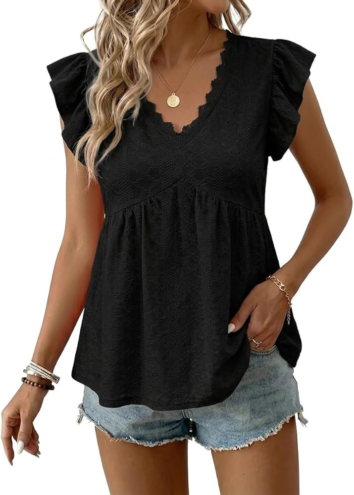 BLENCOT Women Boho Tank Top Lace V-Neck Ruffle Camisole Summer Texture Sleeveless Blouses | Amazon (US)