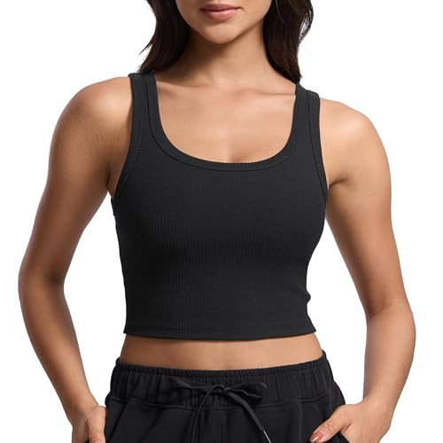 CRZ YOGA Ribbed Scoop Neck Crop Tank Tops for Women - Padded Longline Sports Bras Yoga Workout Cami Black Small | Amazon (US)