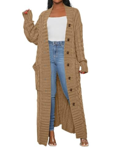 HRESSLBD Fashion Solid Color Long Sleeve Cardigan Sweater, Women Cable Knit Cardigan Long Sleeve Plain Casual Open Front Knitwear Duster Cardigans Sweater Coat, Coat Cardigans (Khaki, M) | Amazon (US)