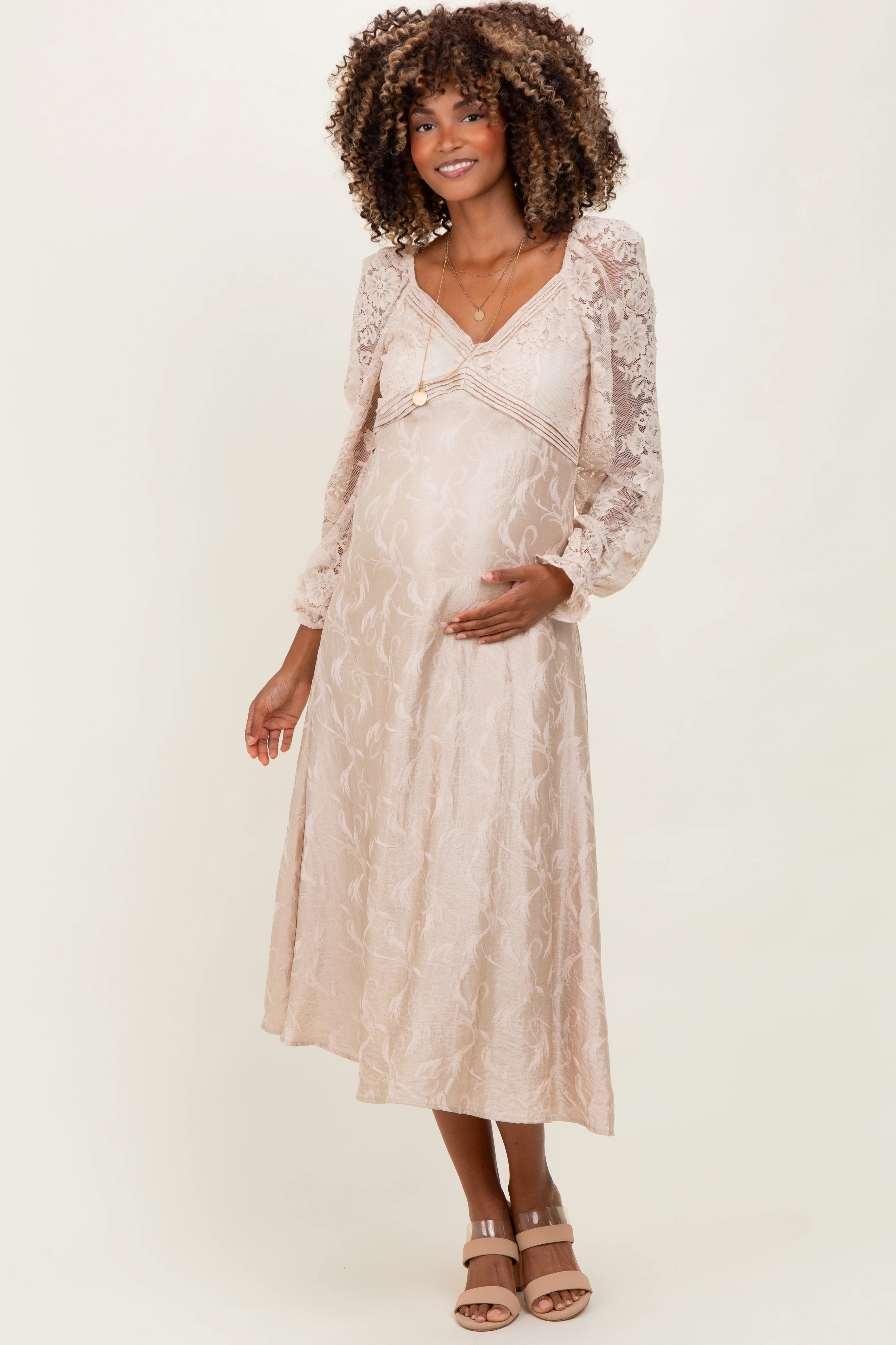Cream Lace Jacquard Long Sleeve Maternity Midi Dress | PinkBlush Maternity
