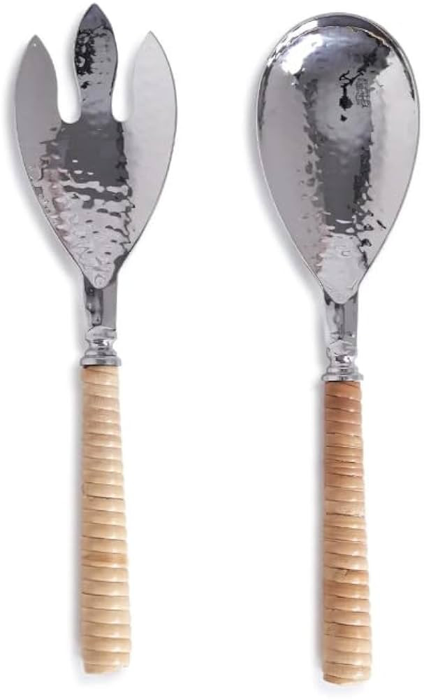 Rattan Wrapped Servers Set of 2 - Stainless Steel Salad Serving Spoon and Fork with Hammered Fini... | Amazon (US)