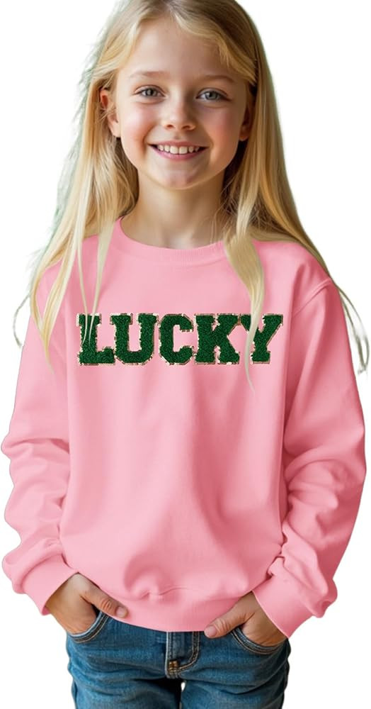 BOUTIKOME Kid Girls St Patricks Day Sweatshirts Glitter Lucky Shirts Long Sleeve Pullover Chenill... | Amazon (US)