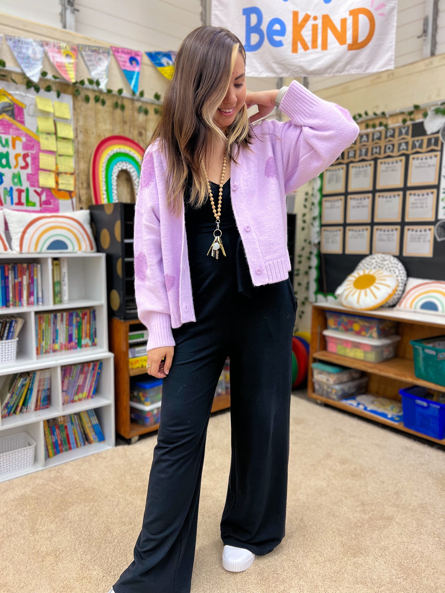 Absolutely love this black jumpsuit for women and  lilac cardigan combo. I love that it includes a belt for extra cuteness. It is so soft and cozy! 😍

Use code TEACHINGFOURTHFUN to score 20% OFF from Smash + Tess

#ad 

#LTKworkwear #LTKstyletip #LTKSale