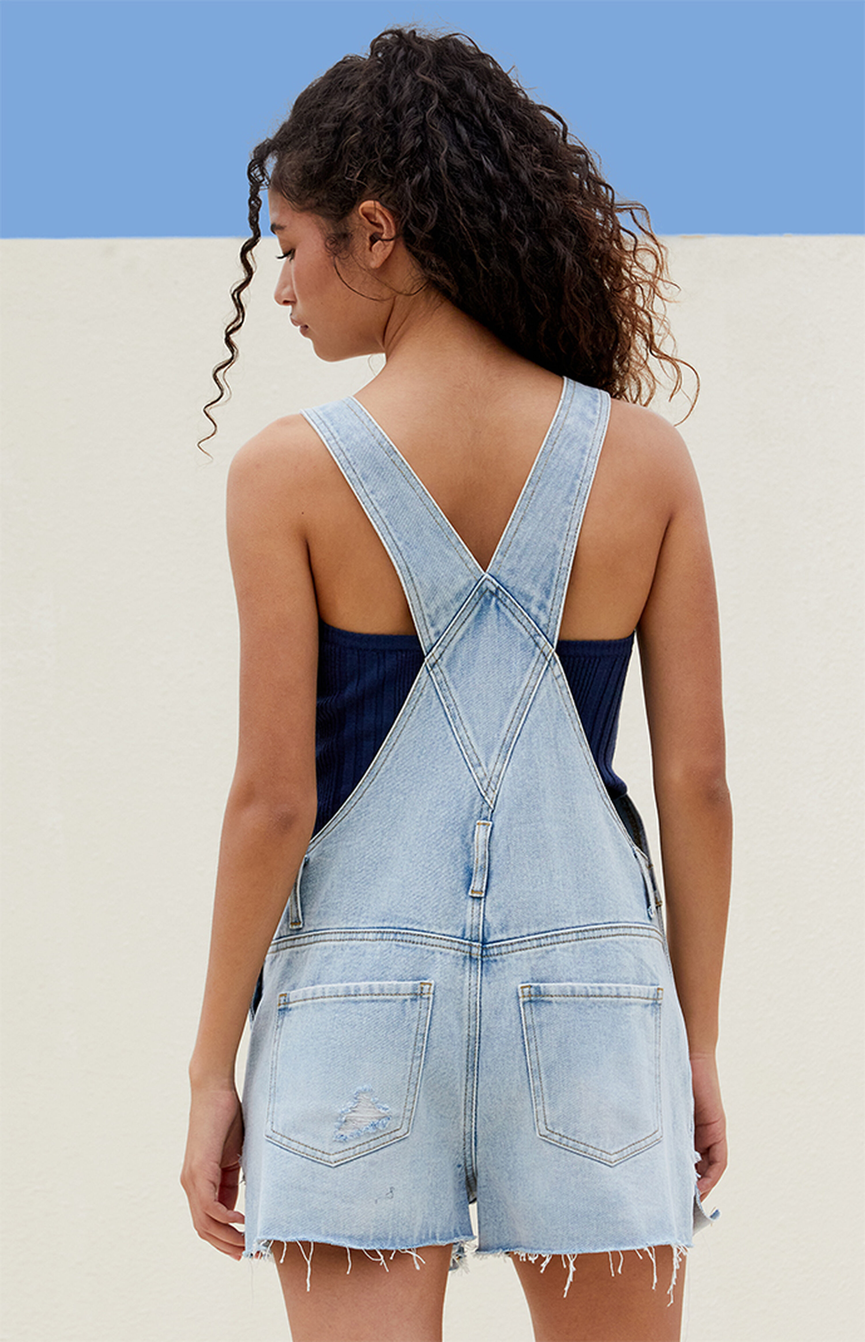 PacSun Light Indigo Denim Short Overalls | PacSun