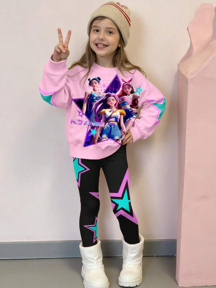 2pcs/Set KPOP Graphic Print Top, Young Girls Round Neck Sweatshirt And Leggings Set, Fashionable Casual, Suitable For Autumn/Winter | SHEIN