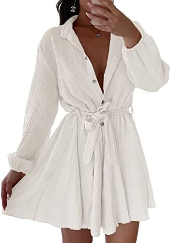 Saodimallsu Womens Long Sleeve Button Down Shirt Dress Casual Loose V Neck Flowy Swing Belted Min... | Amazon (US)